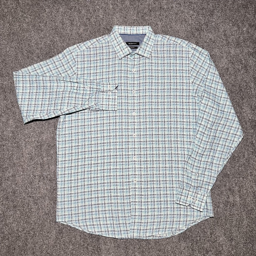 Bugatchi‎ Shirt Mens Classic Fit Blue Plaid Long Sleeve 100% Cotton Button Up